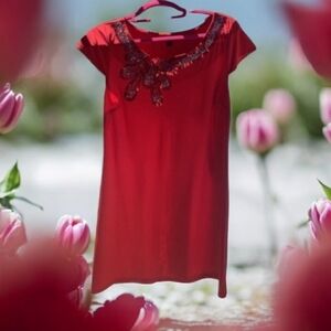 Dress Bright red w sequins by Forever size L stretchy very feminine Look